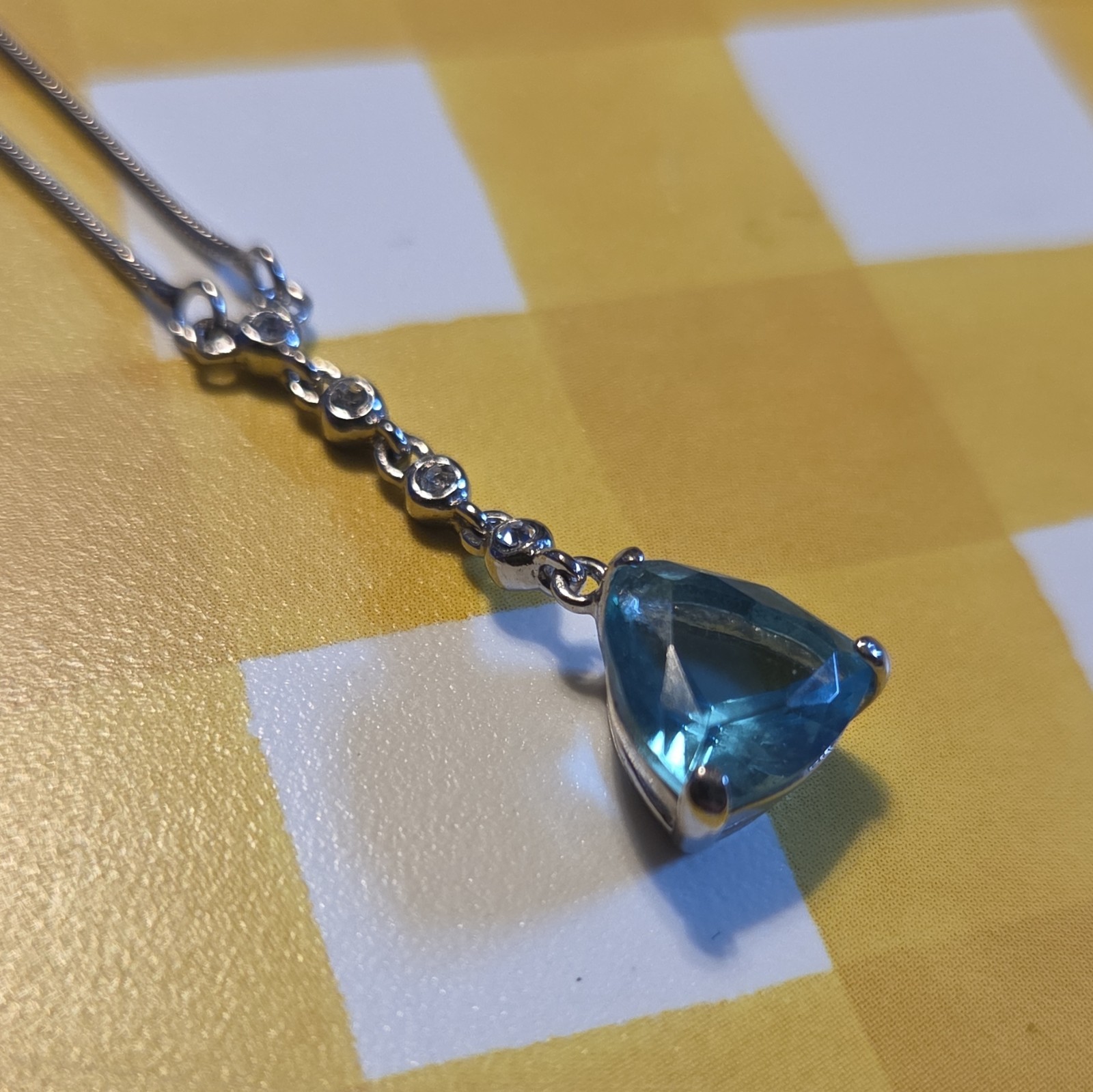 Silver Tone Snake Chain Necklace Blue Trillion Crystal Triangle Charm Pendant