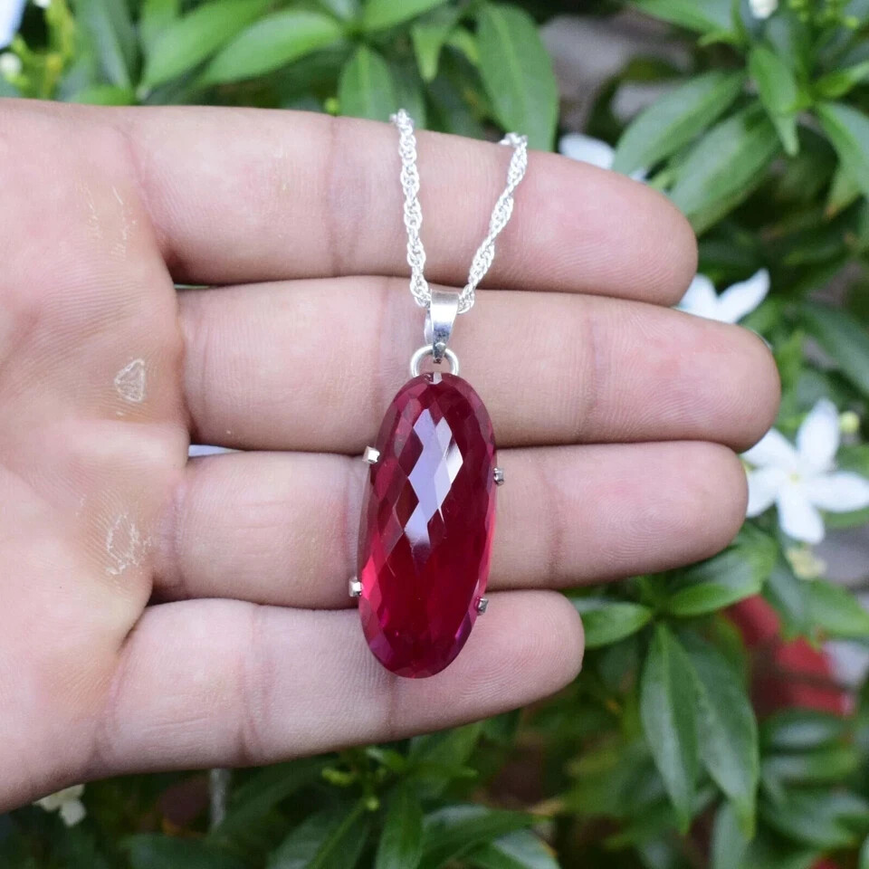 42 Ct Natural Red Ruby Pendant 925 Sterling Silver Cabochone Gemstone Jewelry