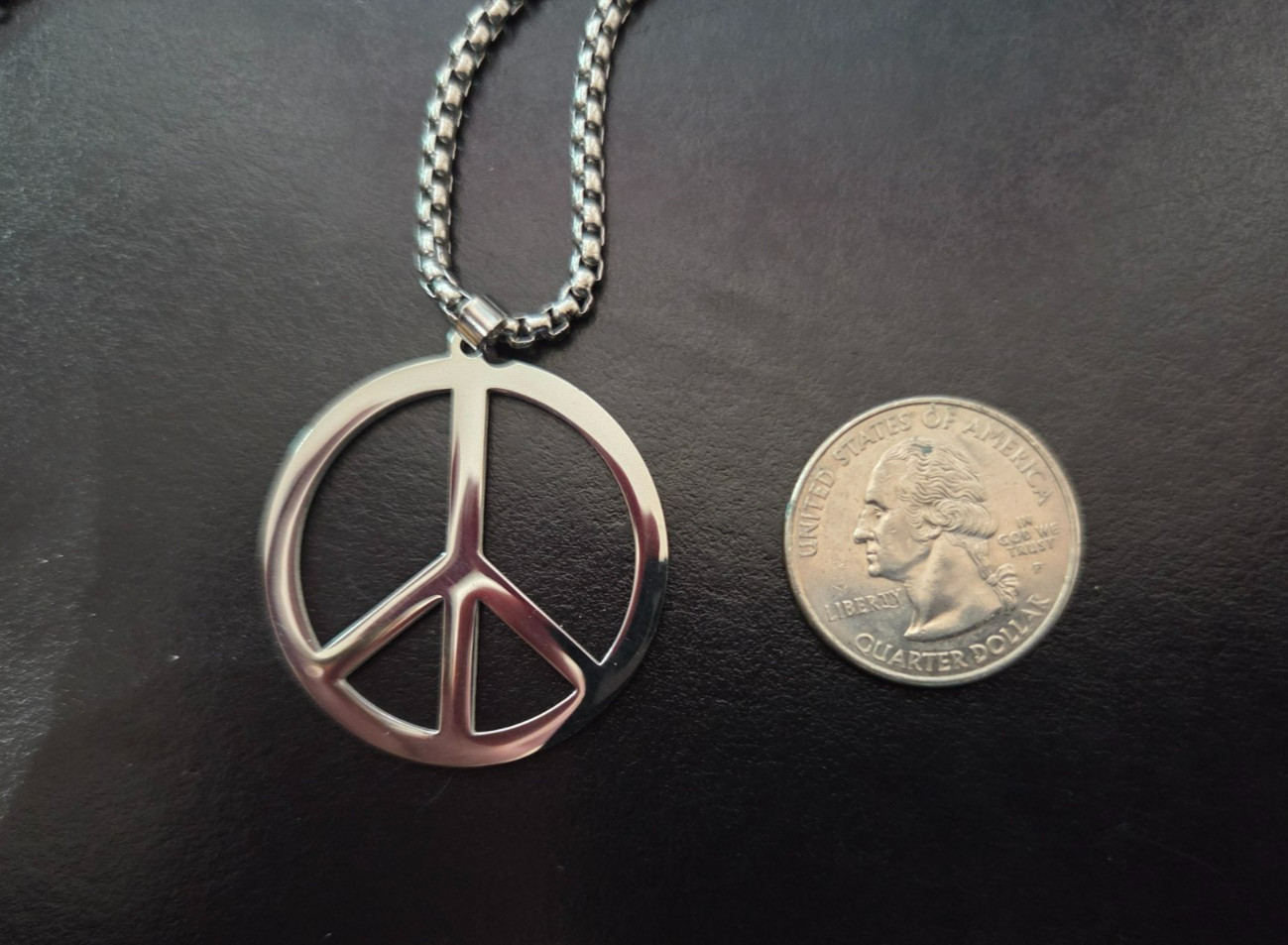 35mm Stainless Steel Large Peace Sign Pendant / Charm with 24″ Box Chain