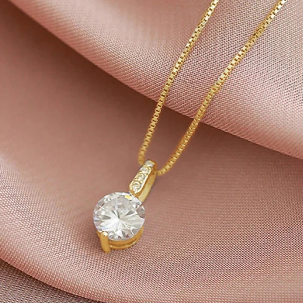 Luxury Gold Tone Sparkling Round CZ Solitaire Crystal Pendant Box Chain Necklace
