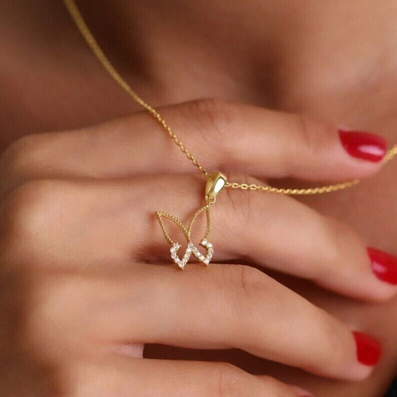 Women Butterfly Pendant Necklace Round Simulated Diamond 14K Yellow Gold Plated