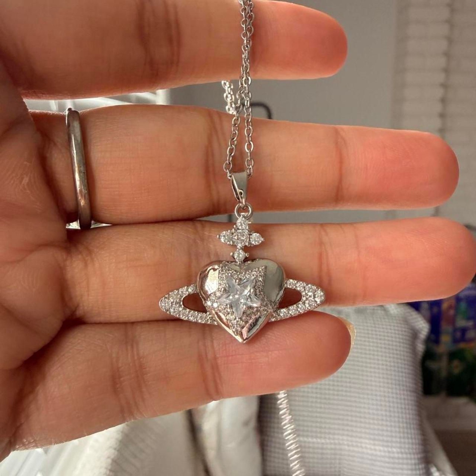 Sparkling Heart Saturn CZ Pendant Stainless Steel Necklace