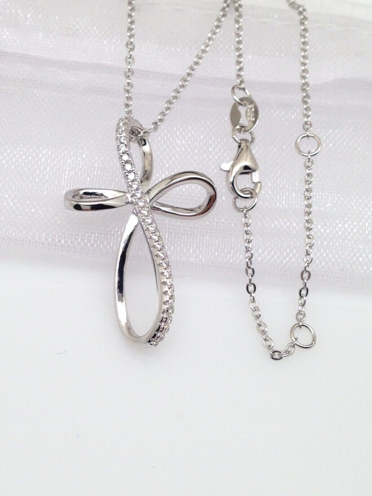 925 Sterling Silver Cz Infinity Cross Pendant Necklace Womens 28mm(1.1″) 16-18″