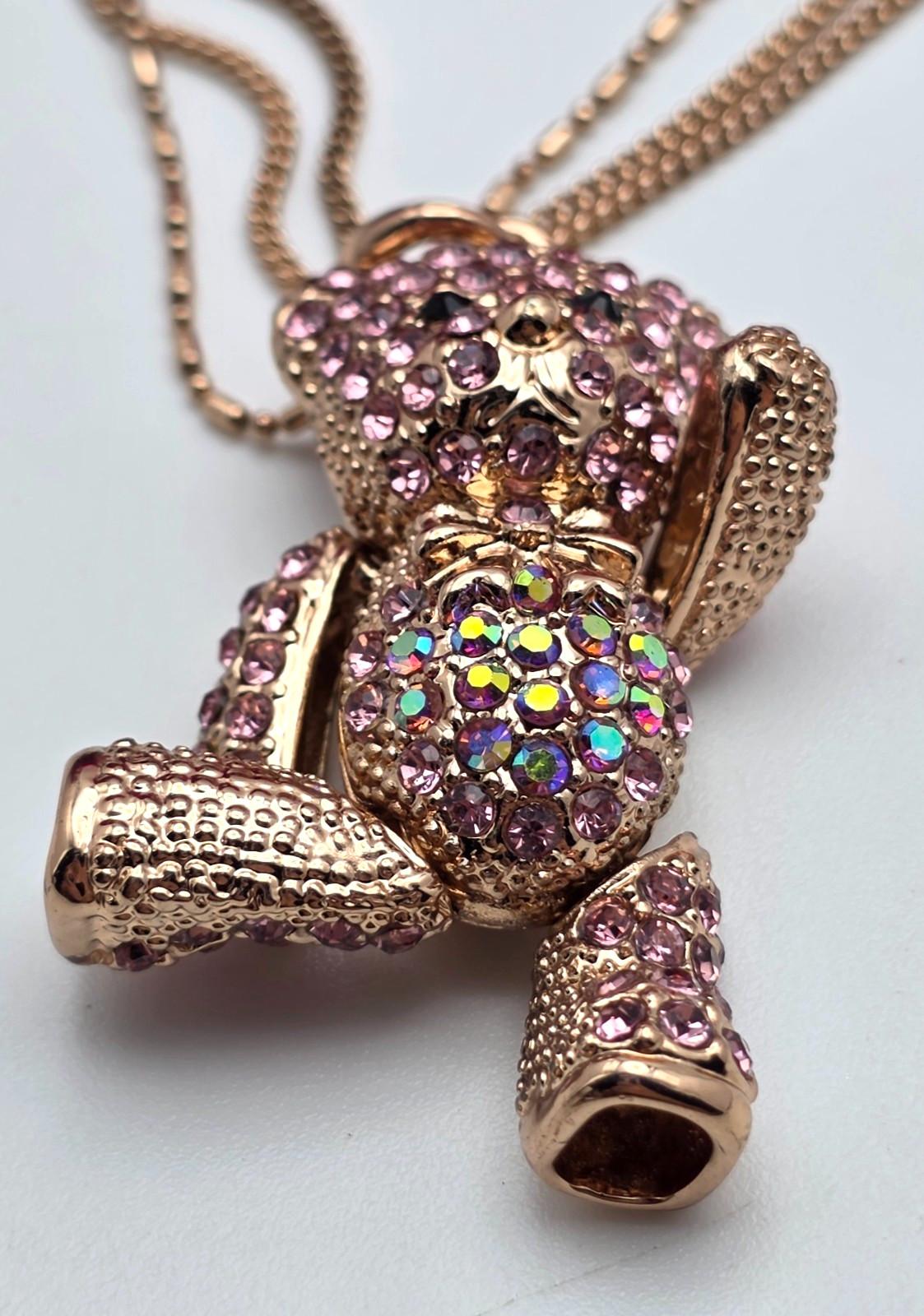 Rose Gold Tone Teddy Bear Pendant Necklace Pink AB Rhinestones 20 in Adj.