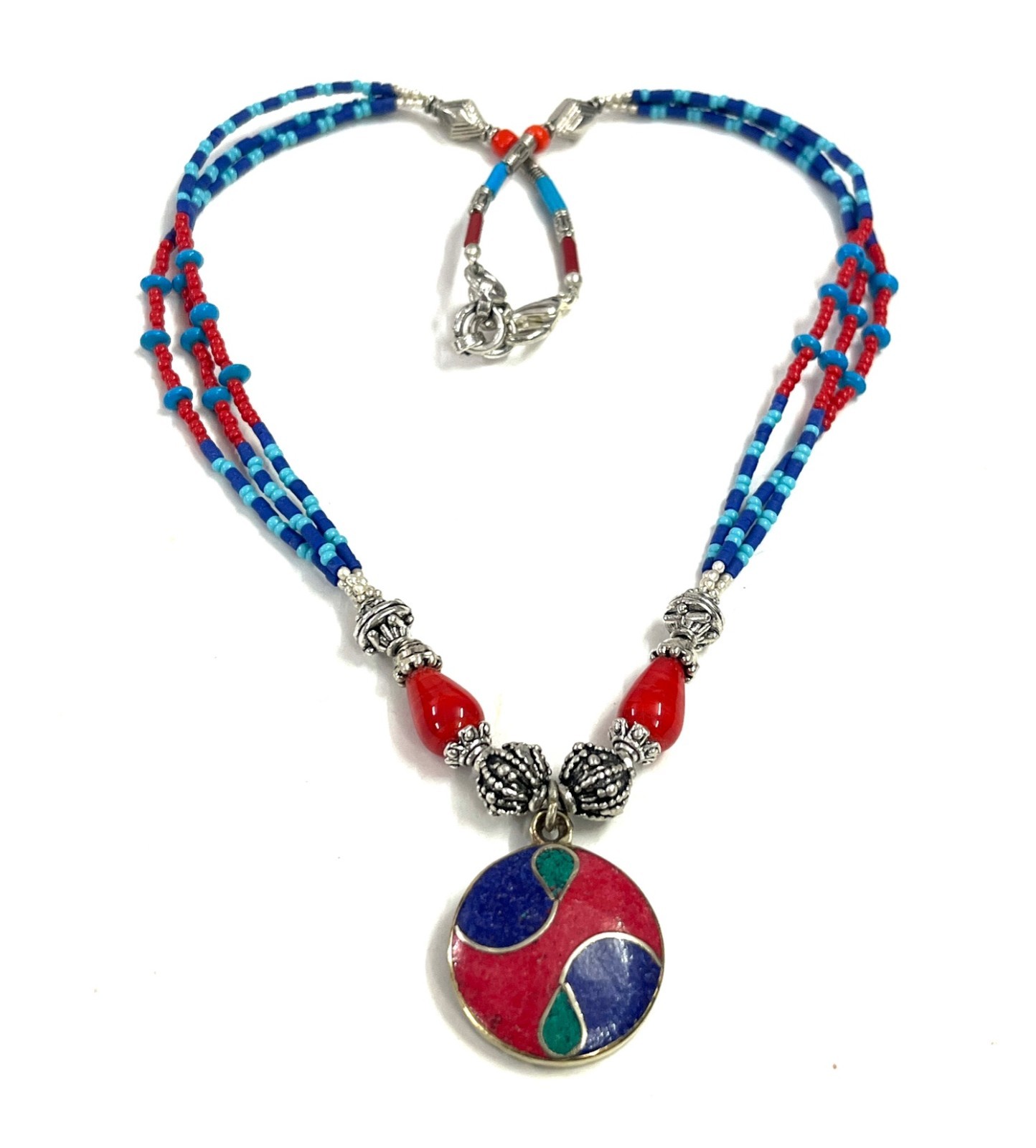 Ethnic Coral Lapis Gemstone Tibetan Art Deco Necklace Jewelry, 17 inch Adjus
