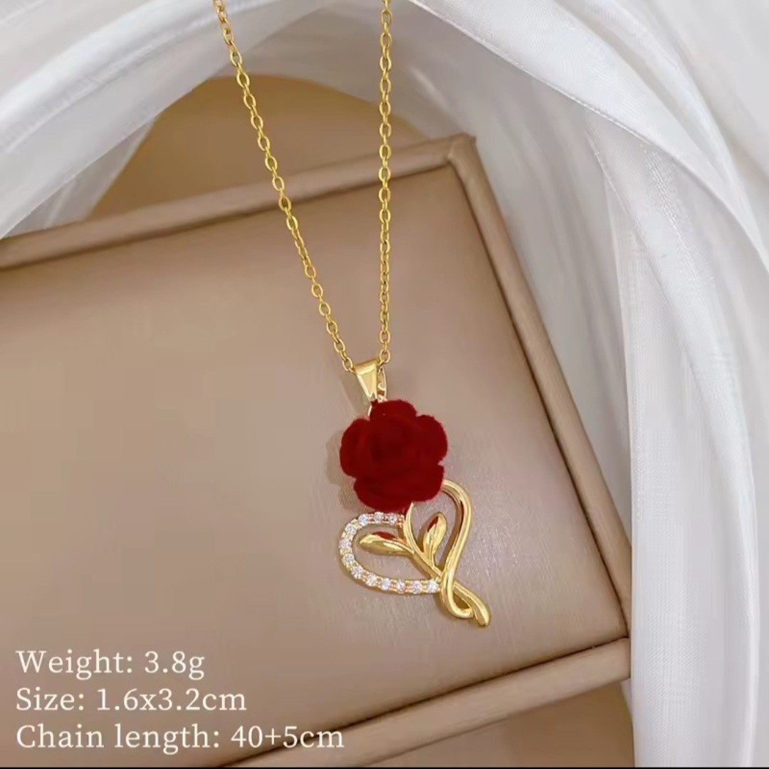 2 Yellow Gold Plated Heart Red Rose Pendant CZ Necklace 40+5cm Adjustable