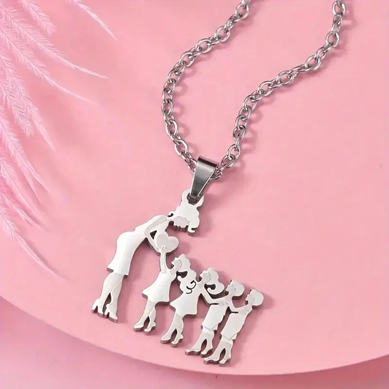 Mother Child Heart Necklace Stainless Steel Family Figure Pendant Jewelry