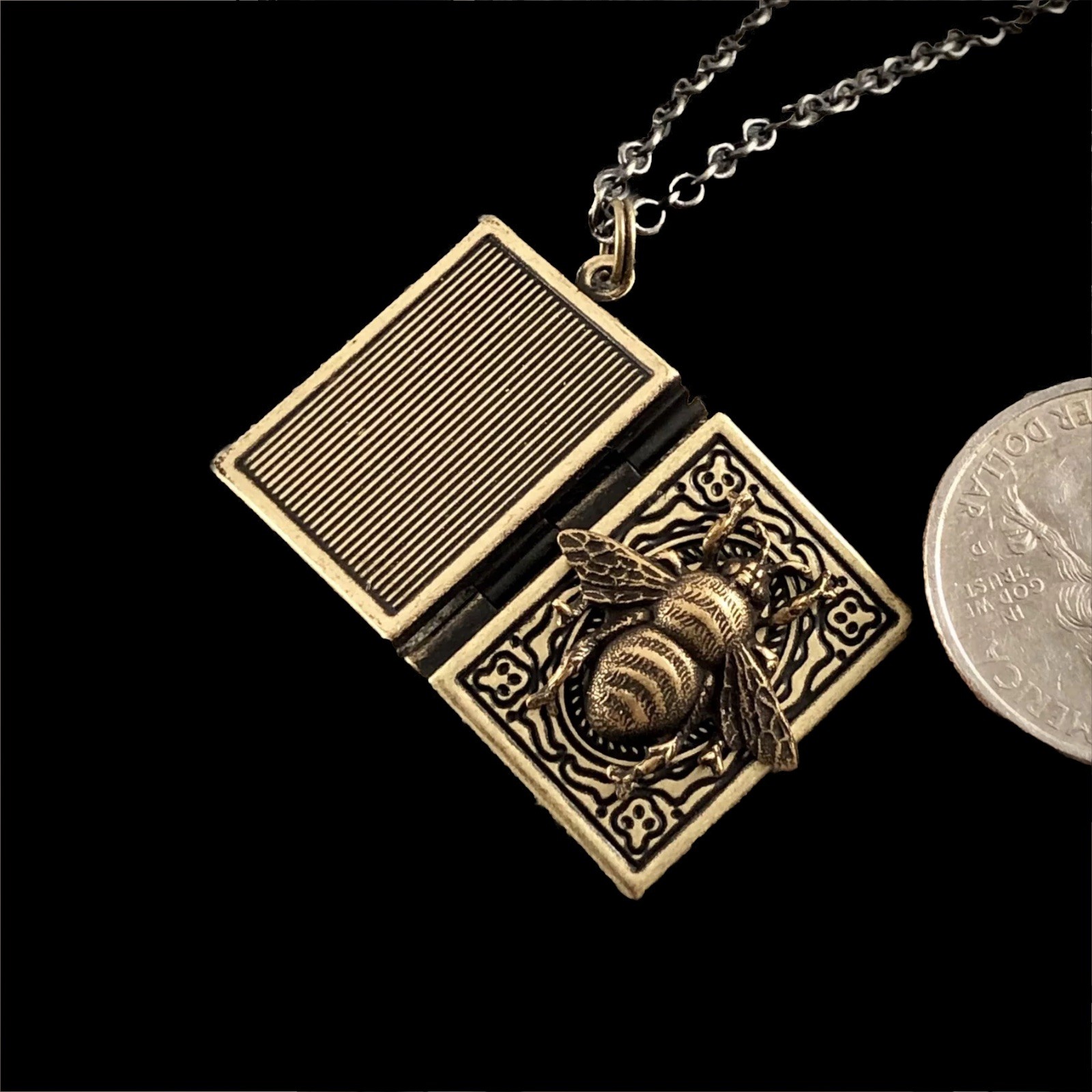 Bumblebee Honey Bee Photo Diary Book Locket Necklace, Antiqued Brass Vtg Pendant