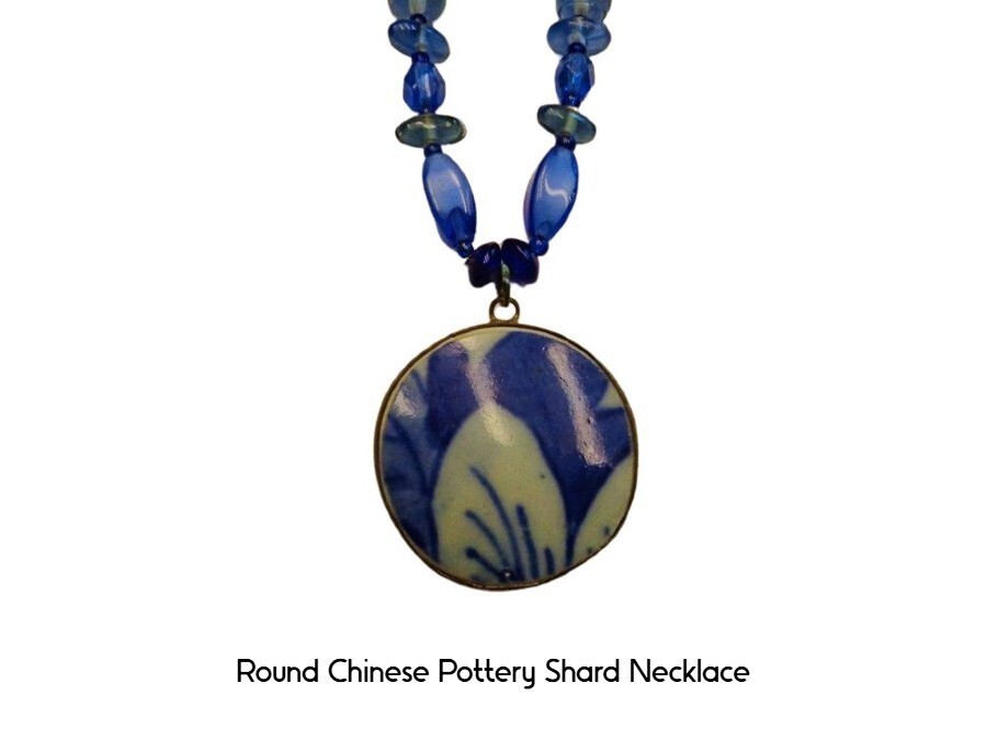 Unique Vintage Blue Porcelain Shard Necklace Handmade Chinese Pendant 24″