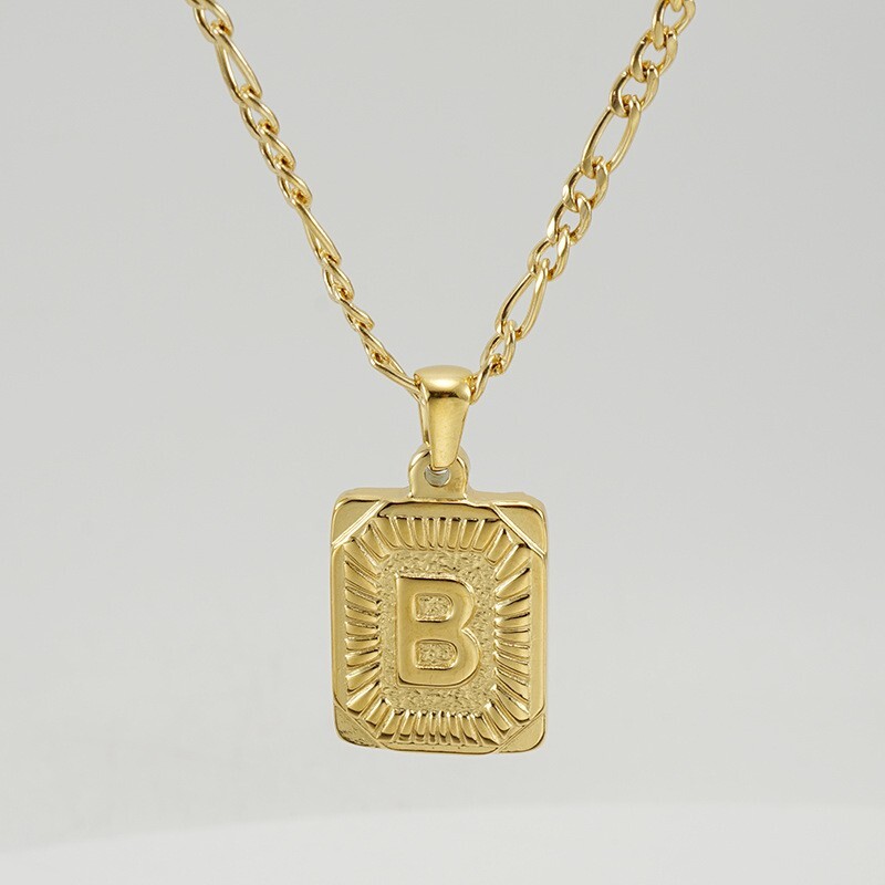 18″ Gold Plated Initial Letter Pendant Necklace Stainless Steel Figaro Chain