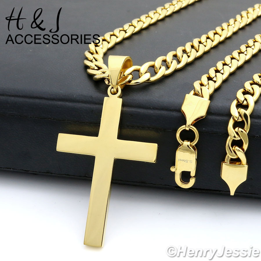 24″MEN Stainless Steel 6mm Gold Plated Cuban Curb Chain Plain Cross Pendant*P64