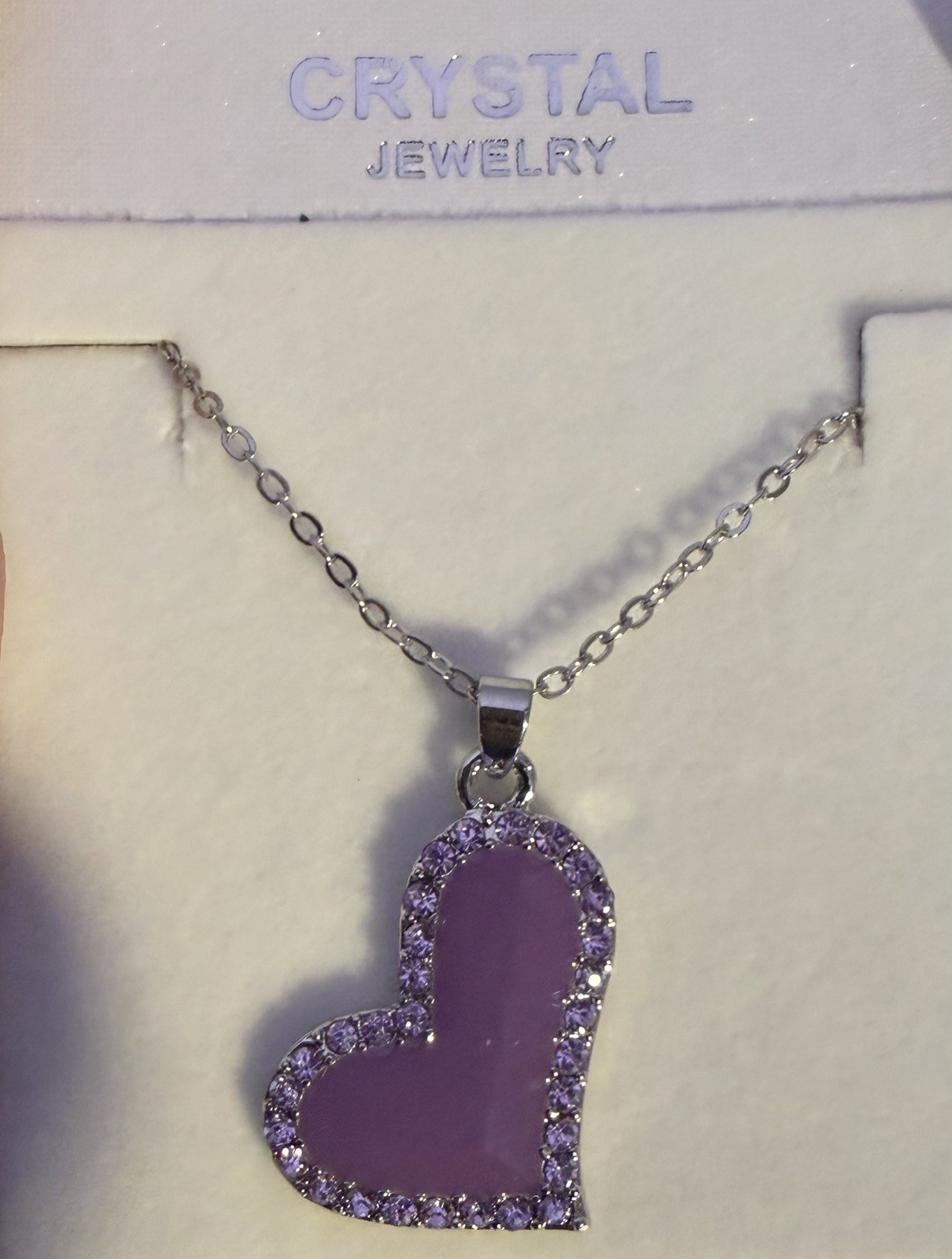 Bejeweled Slanted Purple Crystal Heart Rhodium Plated Chain Necklace, 18″