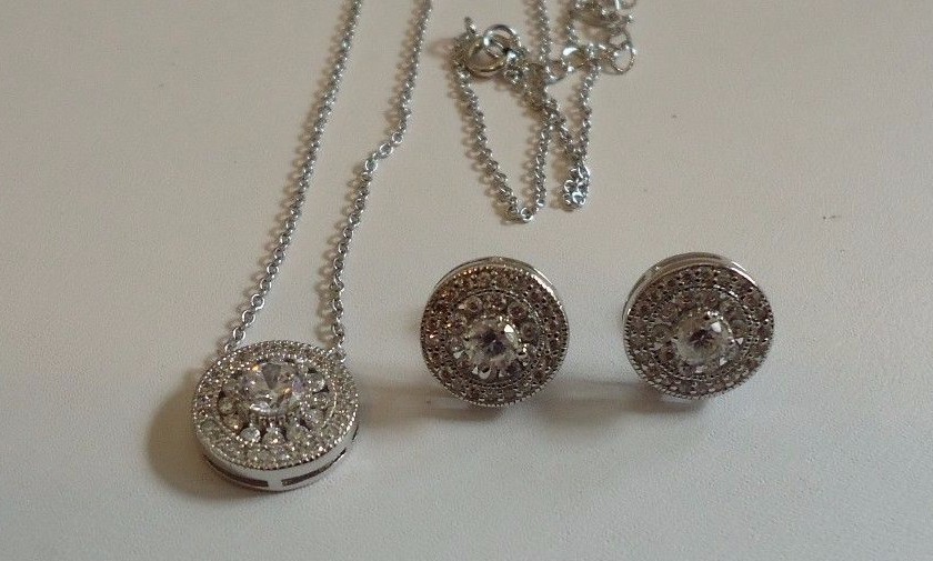 STERLING SILVER ROUND DESIGNERS NECKLACE &EARRING SET 3 CT LAB CREATED DIAMONDS