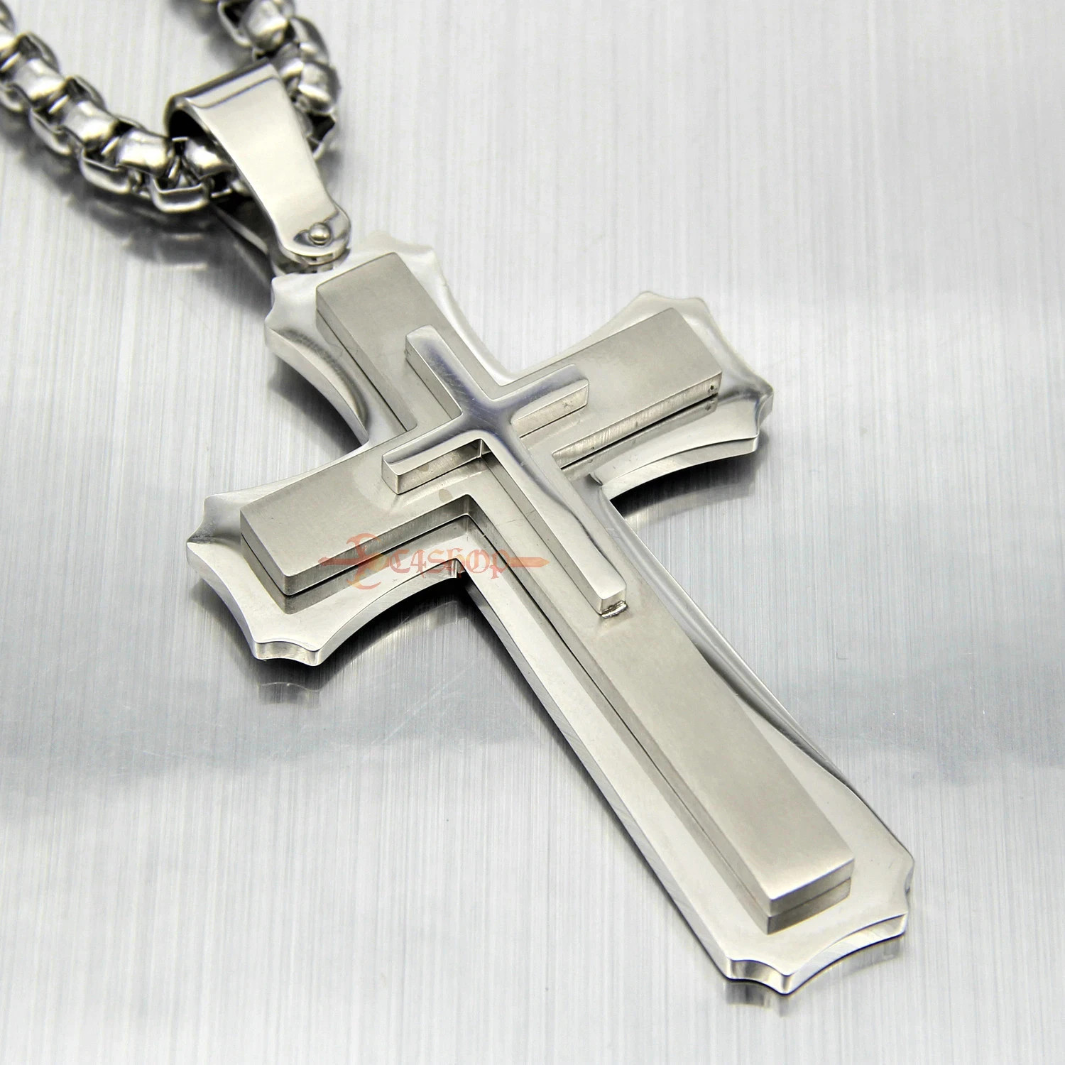Huge Stainless Cross Men’s Necklace Pendant Heavy Large Silver Polished 3 Layer