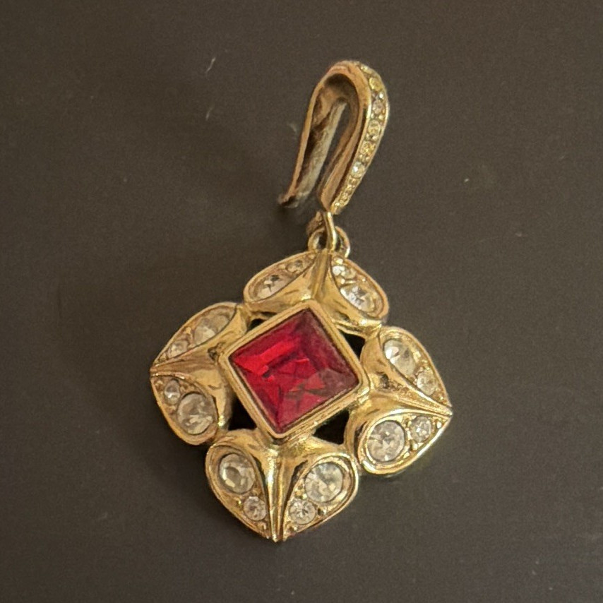 Gold Tone Metal Flower Charm Pendant Red Square Stone Crystal Accents Hook