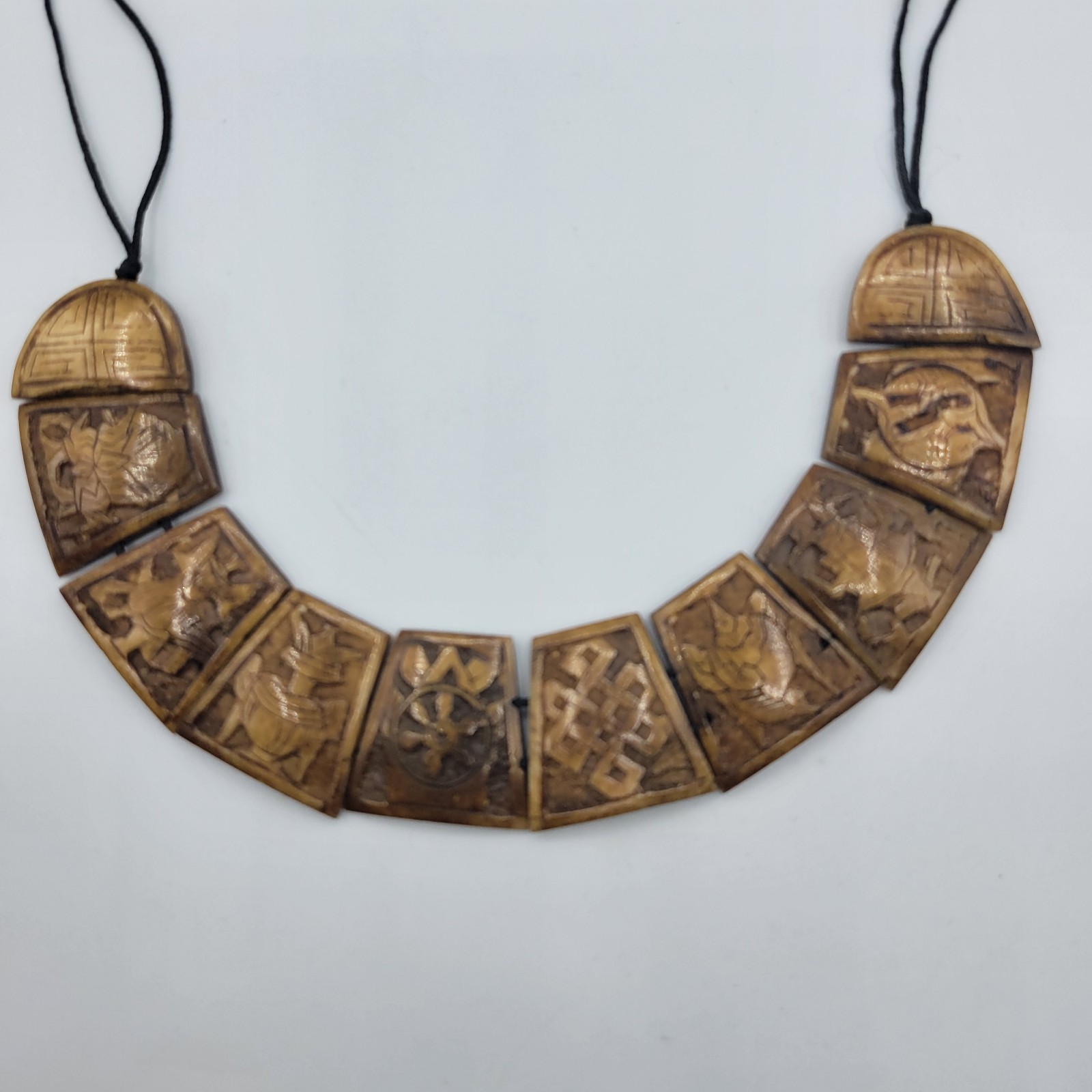 Nepal 8 Auspicious Symbols Hand Carved Necklace Yak Bone 16 in