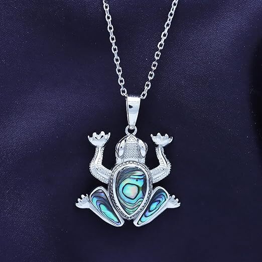 Abalone Shell Stone Animals Pendant 18″ Necklace 14K White Gold Plated Silver