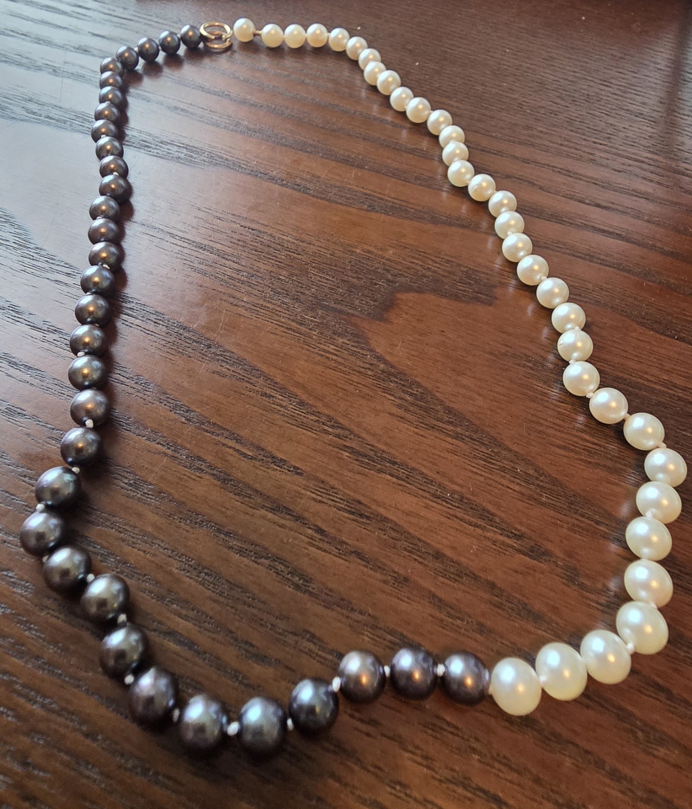 Black & White Round Pearl Beaded Strand Necklace, Yellow Gold Spring Ring 14K
