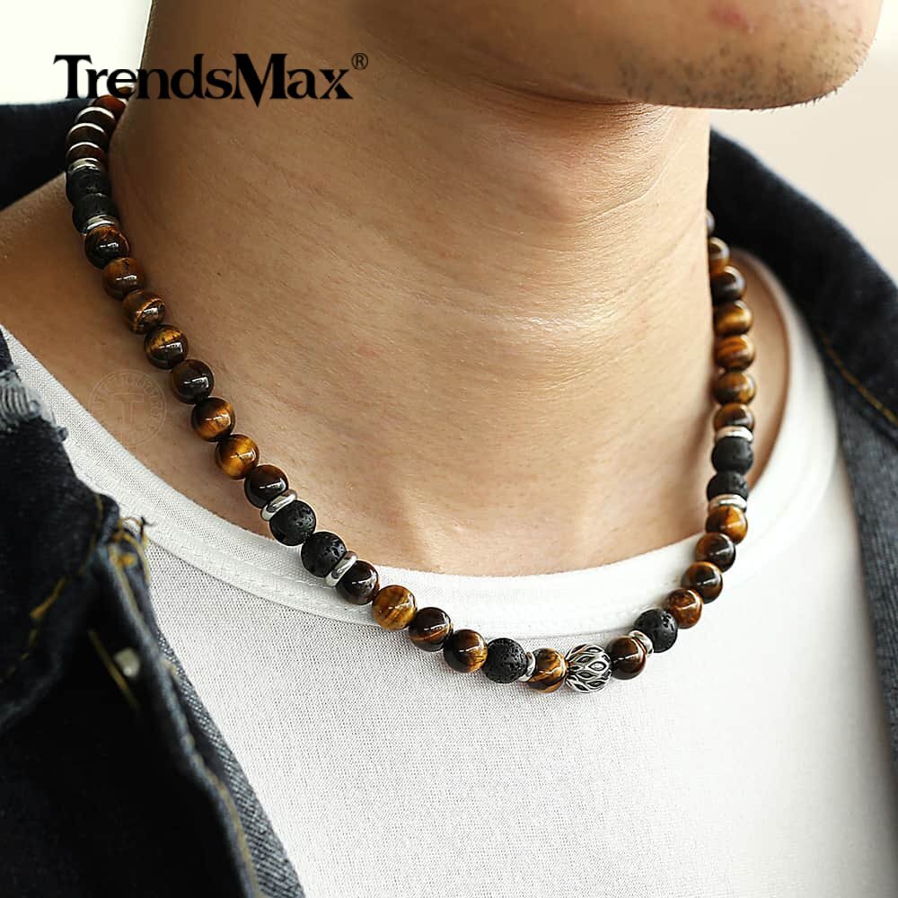 8MM 18″ Natural Yellow Tiger Eye’s Stone Lava Beaded Necklace Choker for Men Boy