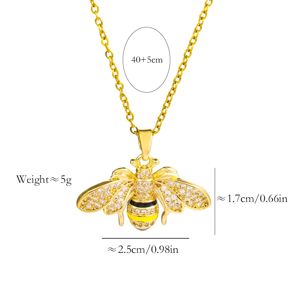 18K Gold Plated Zircon Crystal Bee Pendant Necklace Women Stainless Steel Chain