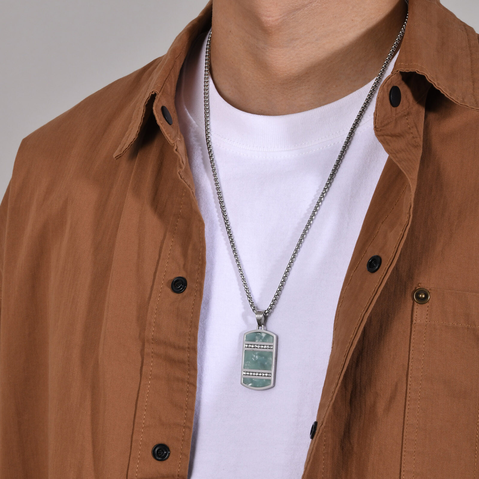 Mens Necklaces Bling CZ Stone Inlay, Chinese Tradition Cyan Stone Square Dog Tag