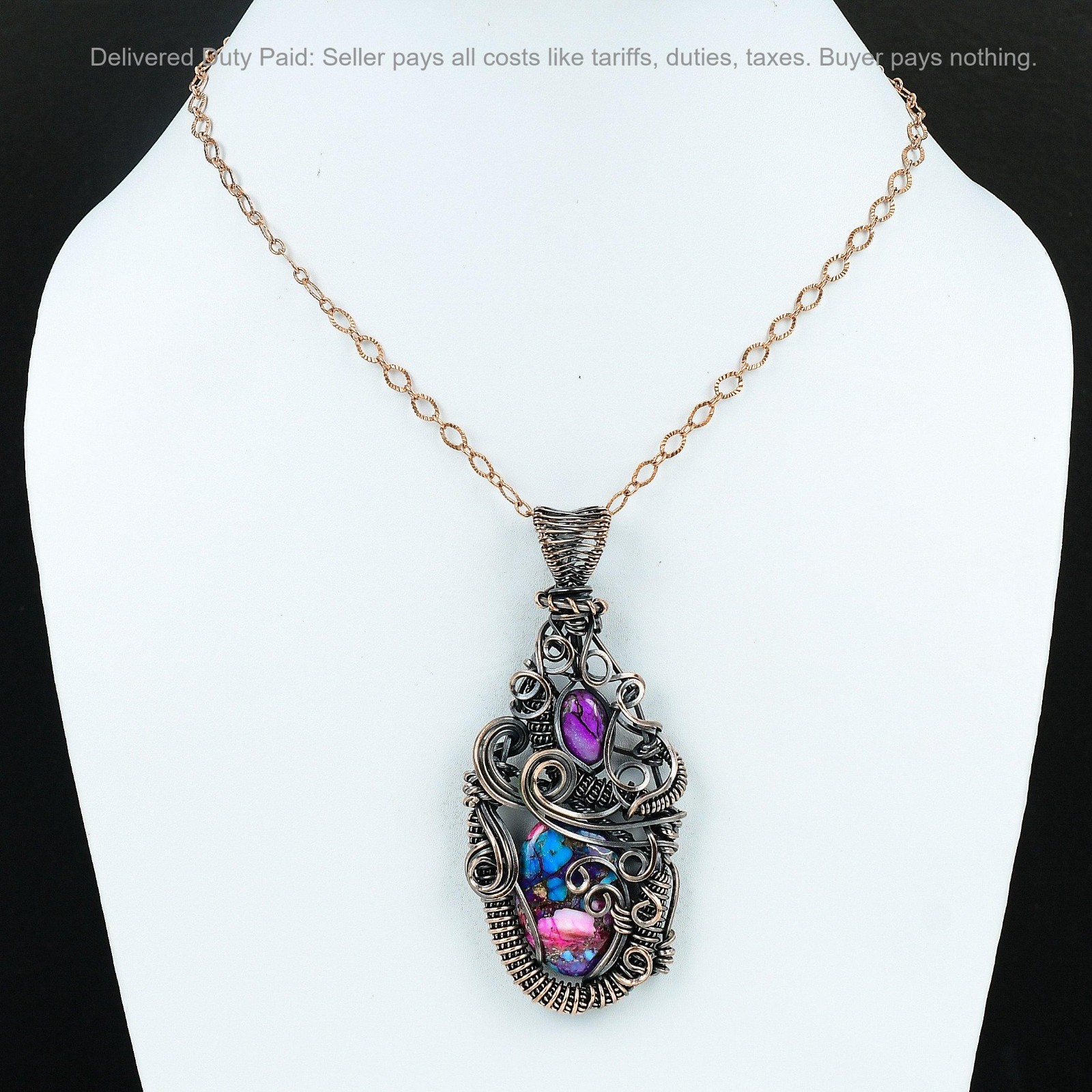 Copper Oval Natural Kingman Pink Dahlia Turquoise Wire Wrapped Pendant Jewelry