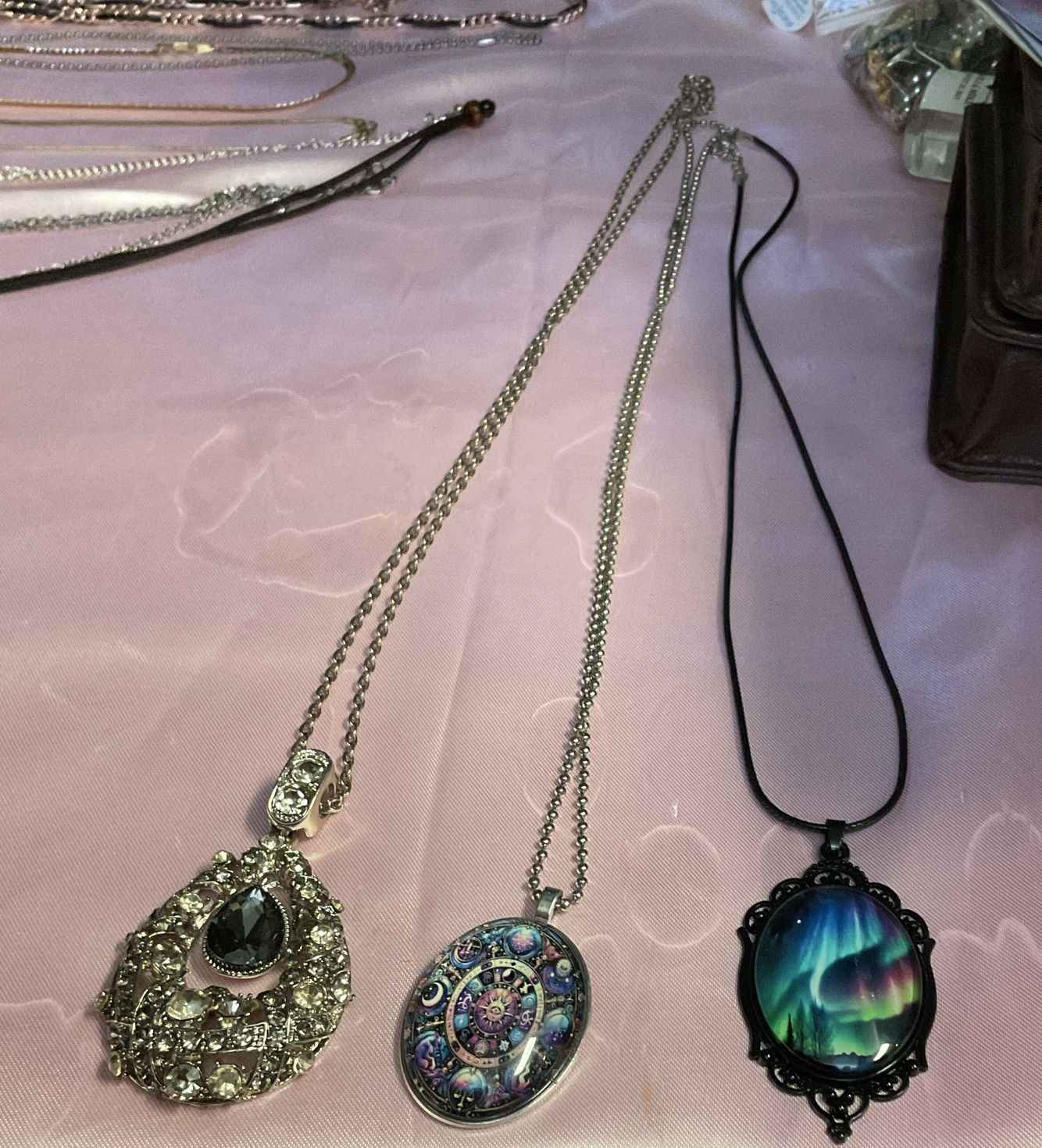 Lot of 3 Silver Tone Pendant Charm Necklaces Crystal Teardrop Black Cord