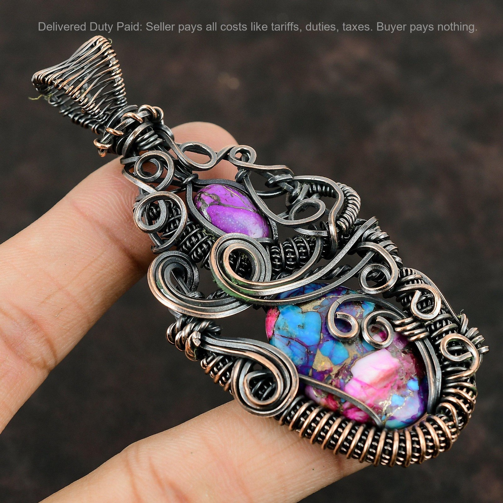 Copper Oval Natural Kingman Pink Dahlia Turquoise Wire Wrapped Pendant Jewelry