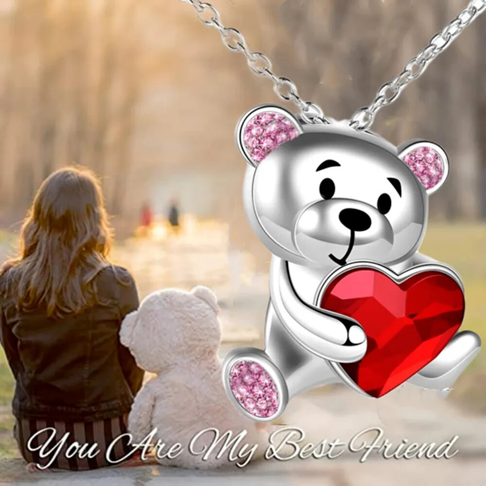 Teddy Bear Zircon Red Crystal Gem Necklace for Women with gift box