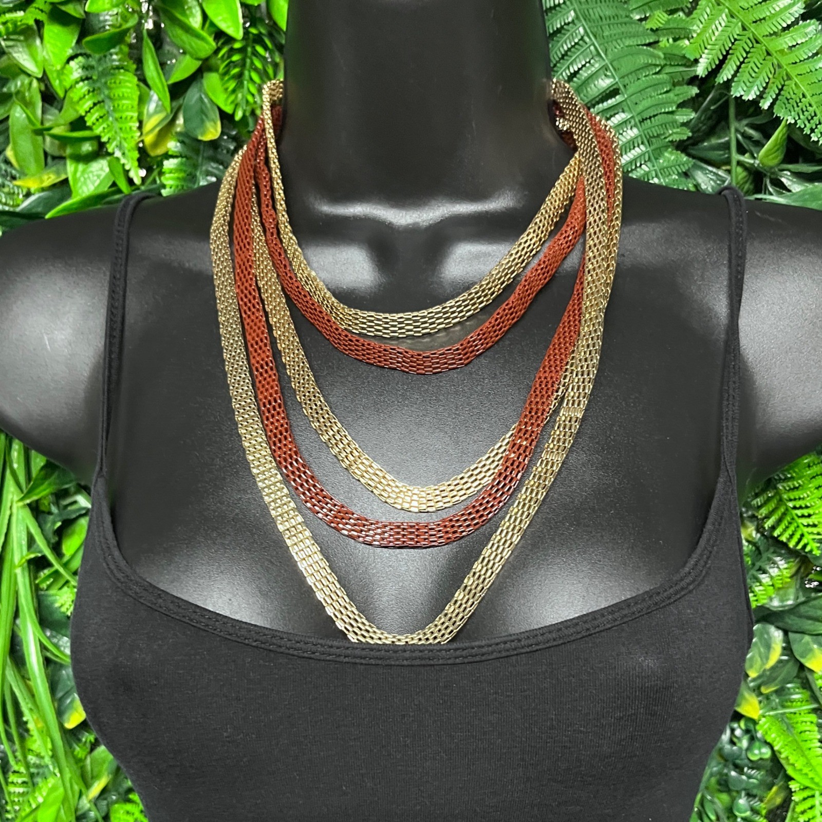 Multi Strand Statement Necklace Gold and Terracotta Red Mesh Chain Tiered 3817