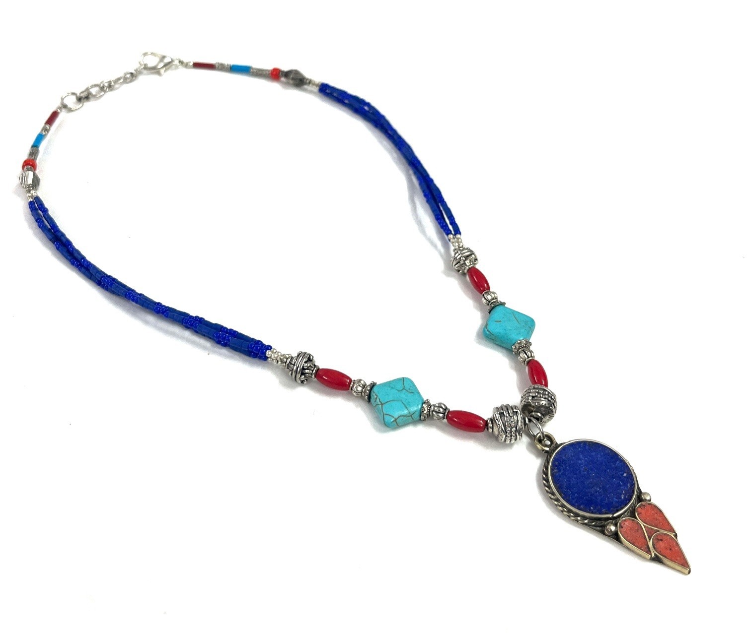 Lapis Turquoise Coral Gemstone Tibetan Traditional Necklace Jewelry, 18 Inc Adjs