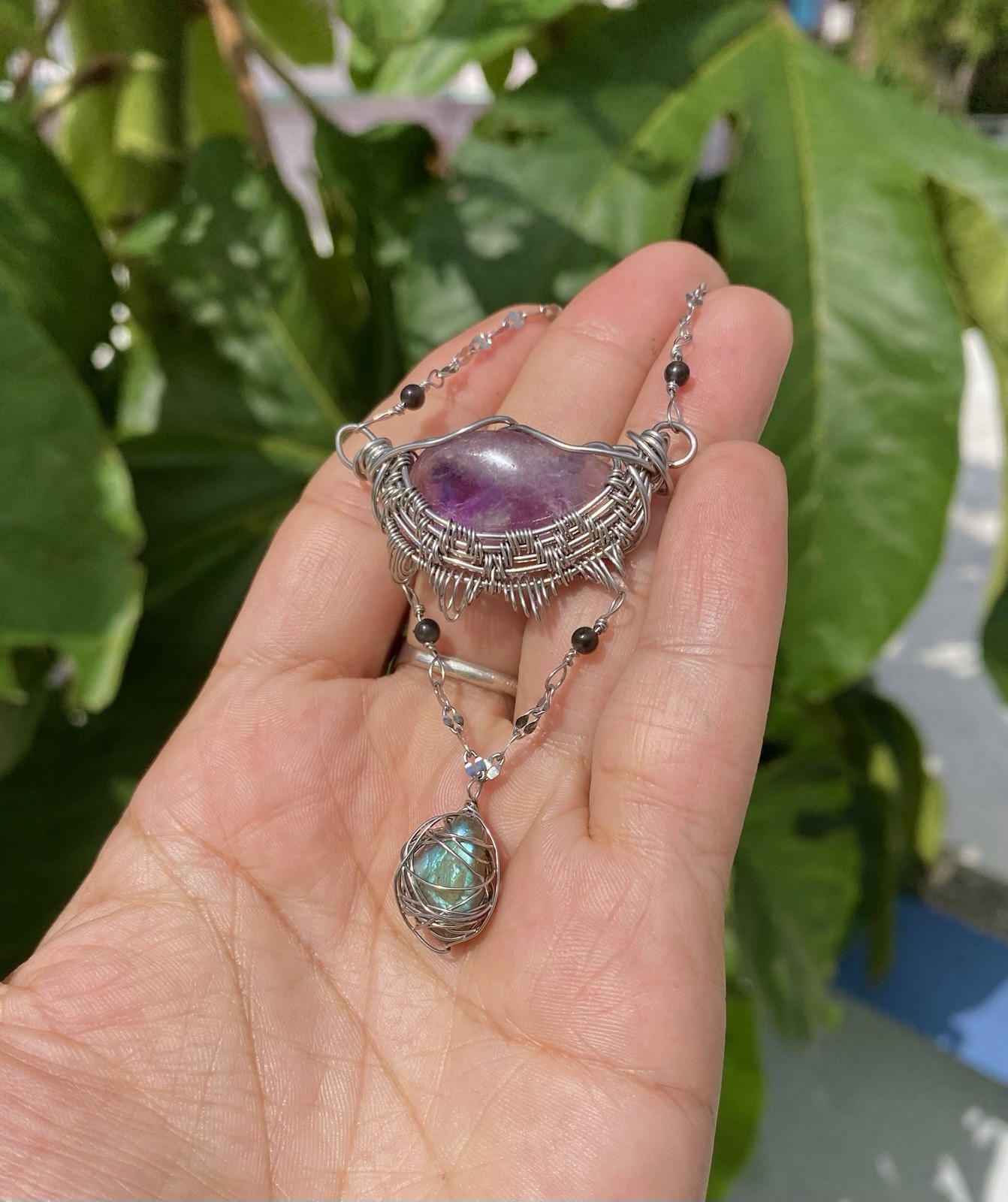 Handmade Amethyst & Labradorite Necklace Wire Wrapped Gemstones On Steel Chain