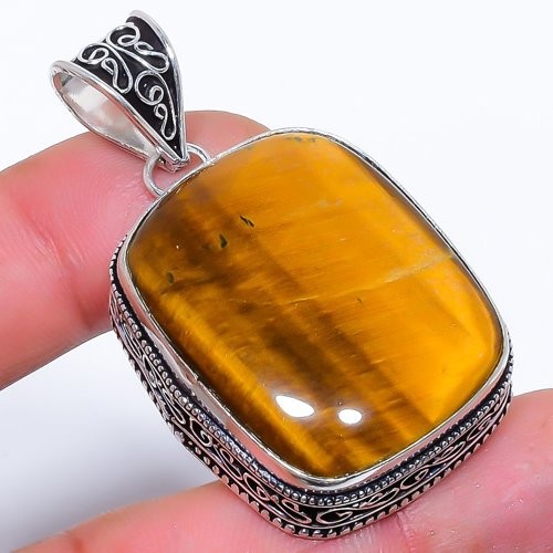 Natural Tiger’S Eye Gemstone 925 Silver Plated Pendant 2.0″ F2574