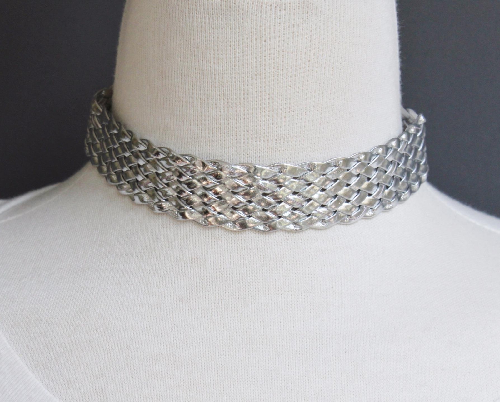 Silver faux leather choker woven necklace adjustable wide choker collar 13-15.5″