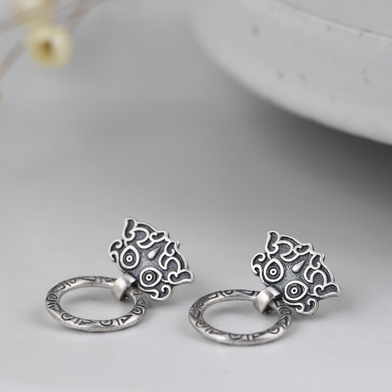 THAI Door Knocker Earrings Ornate Dangle Hoop Vintage Stud S925 Sterling Silver