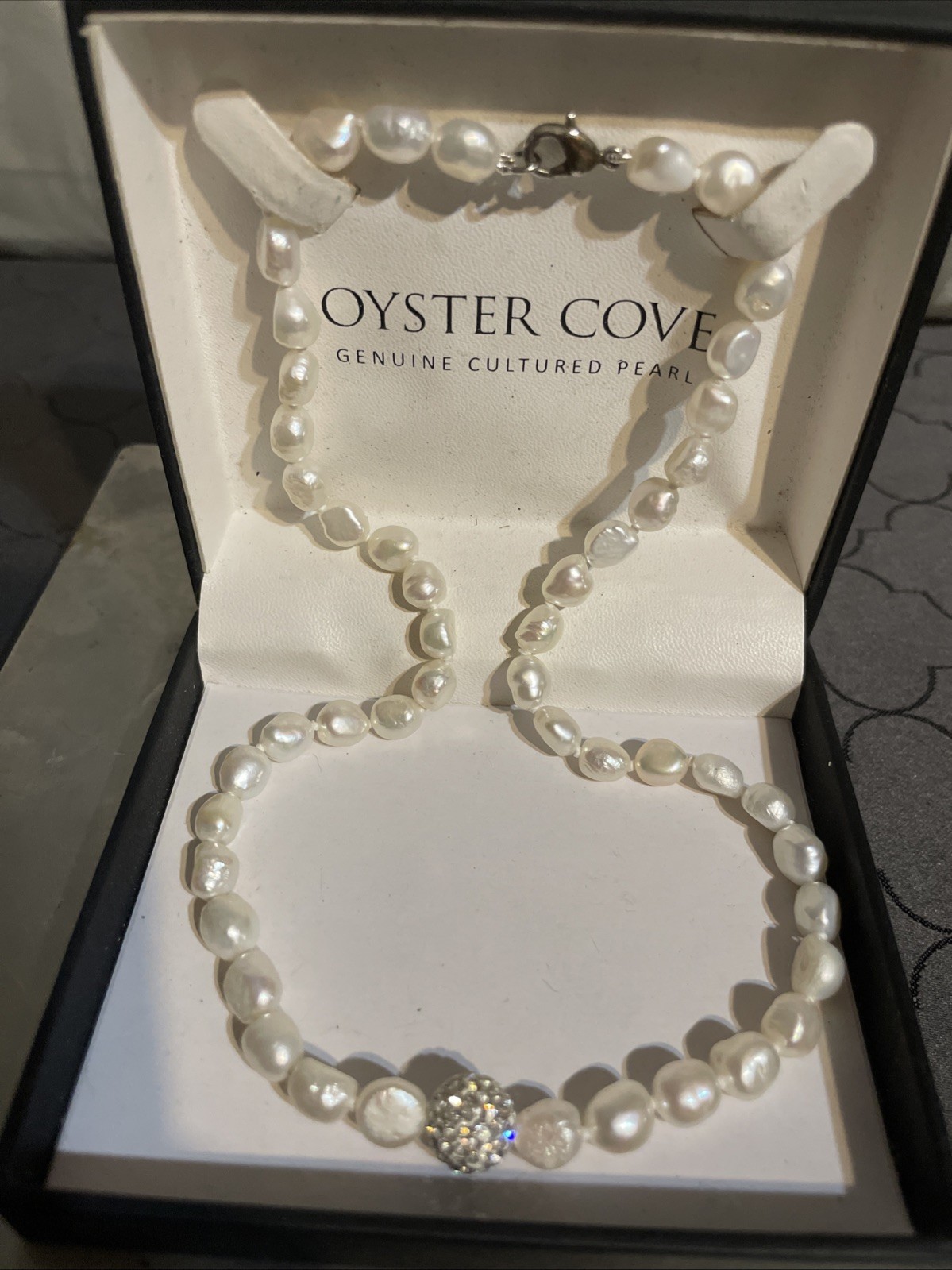Oyster Cove Genuine Cultured Pearl Strand Necklace White Crystal Pave Ball NIB