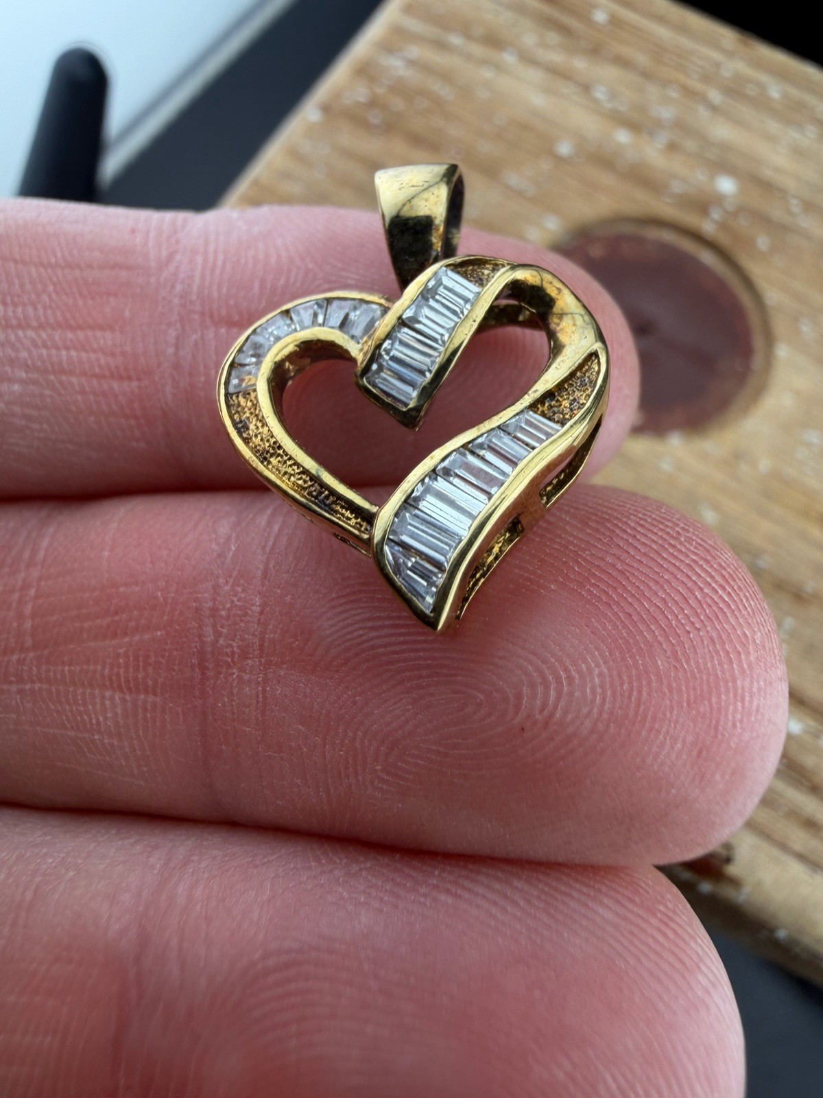 Modern Clear Cz Baguette Heart Pendant for Necklace Gold over Sterling Silver