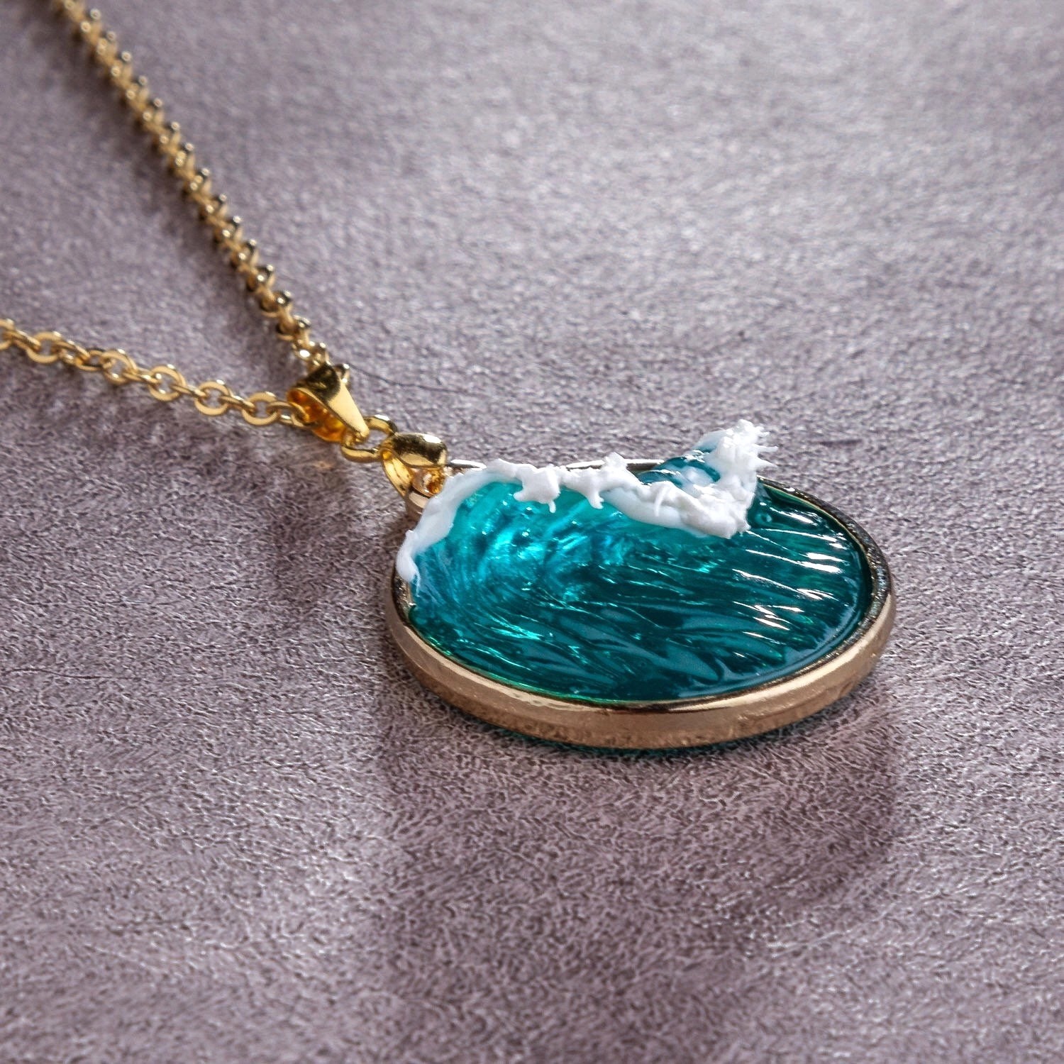 **Handmade Silver Ocean Wave Necklace Resin Sea Jewelry Gift for Her**
