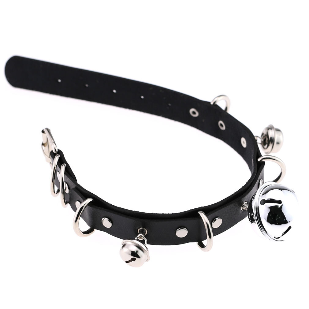 Allacki Punk Leather Choker Necklace Multilayer Bells Metal Chocker Collar