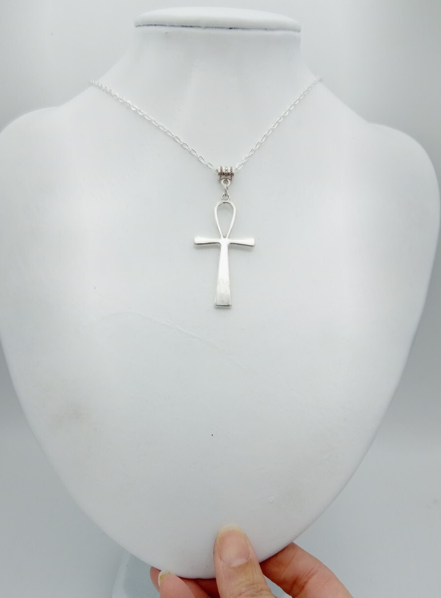 Ankh Necklace Large Key of Life CROSS Pendant Big Goth Rock Vintage silver tone