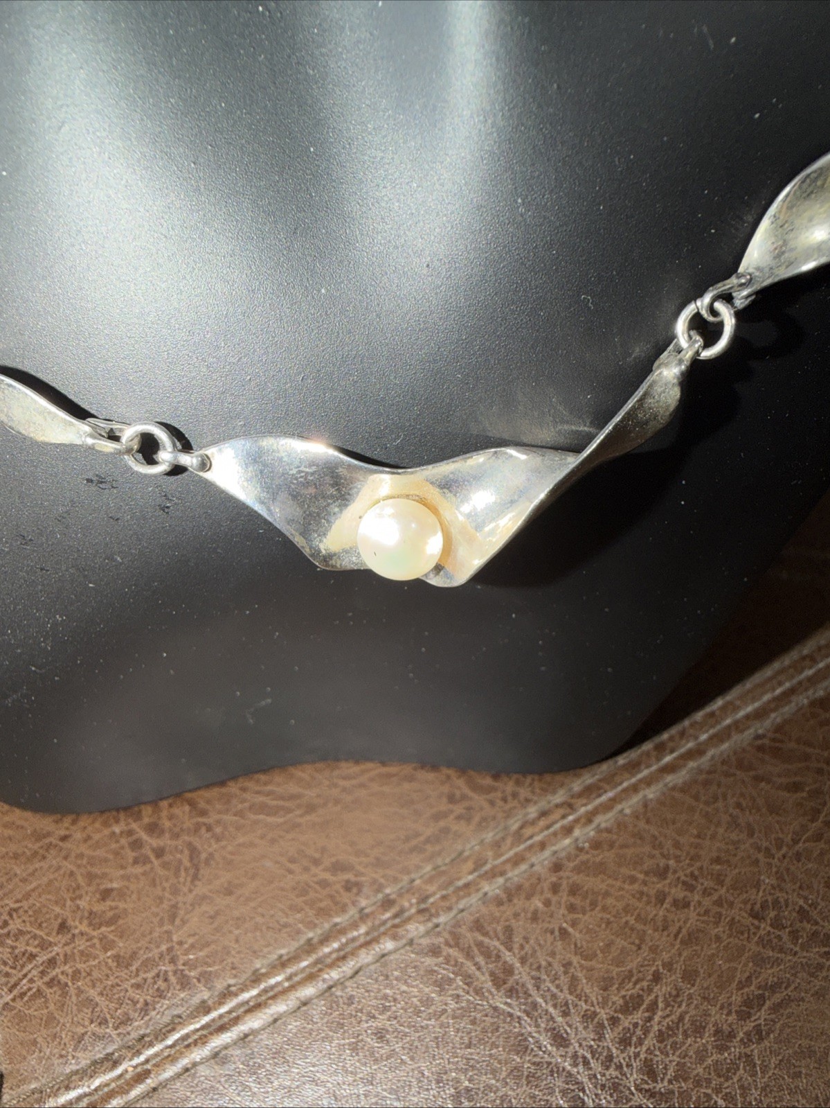 Daniel by Design Sterling Silver 925 Ribbon Wave Faux Pearl Choker Necklace 16”
