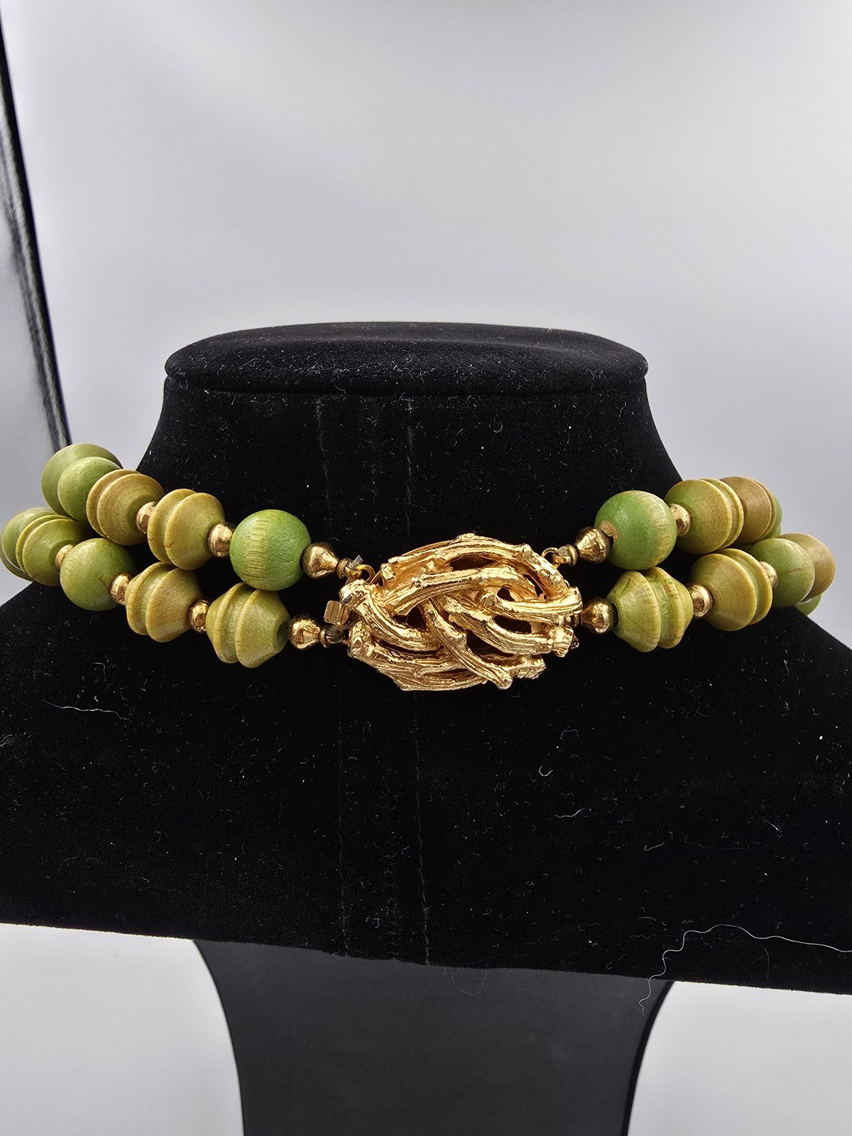 Vintage Double Strand Wood Bead Necklace Green Yellow Gold Tone Clasp