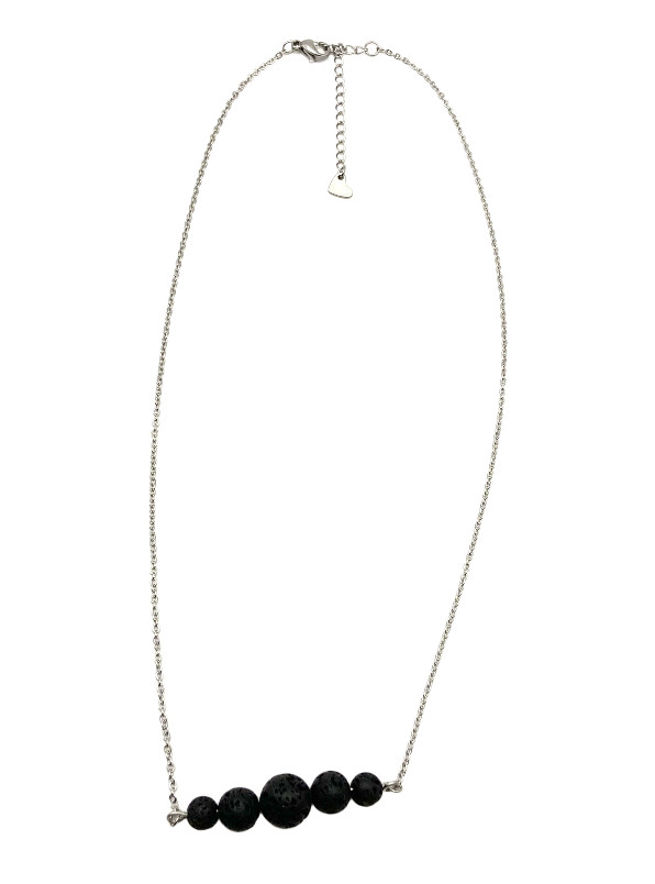 Black Round Nature Lava Rock Graduated Beads Aromatherapy Pendant Necklace 20″