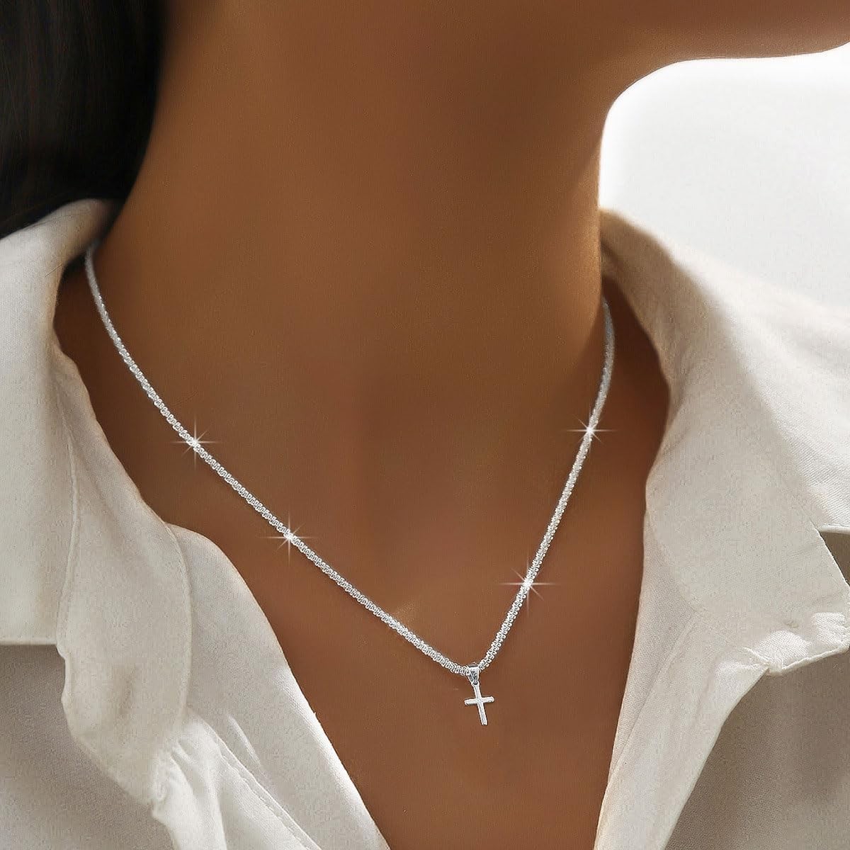 Layered 925 Sterling Siver Cross Charm Pendant Necklace Set for Women Silver