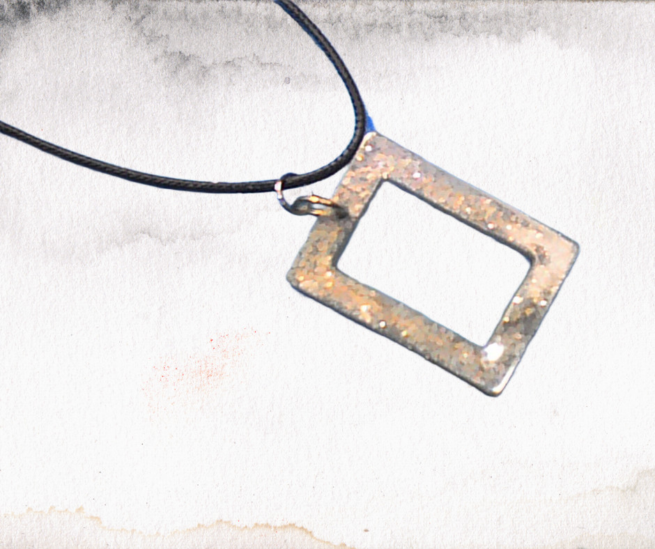Handmade Silver Glitter Resin Pendant Necklace Square Black Cord 18″ Sparkle