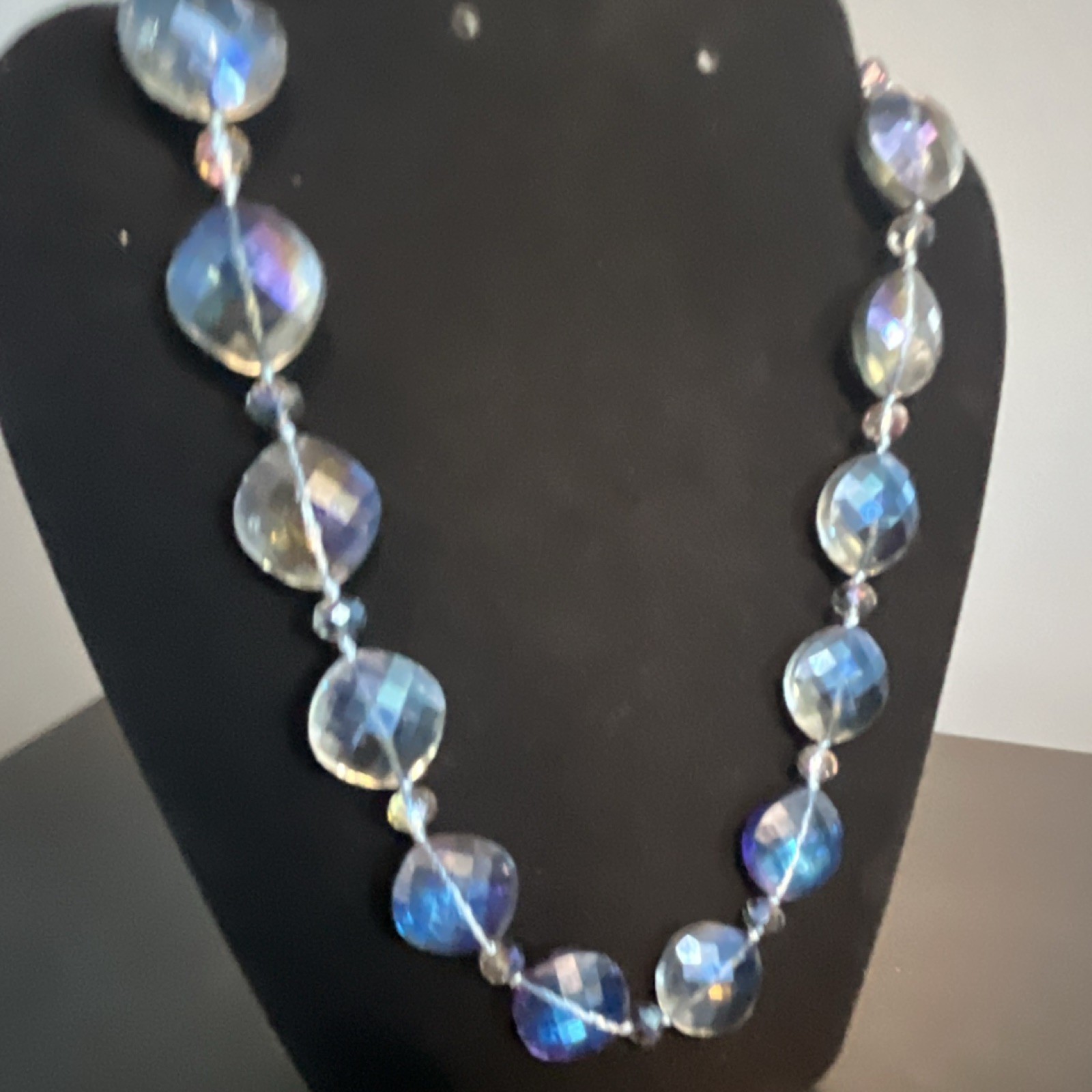 Blue/Clear Round Crystal Beaded Necklace Cable Chain Adjustable Lobster Clasp
