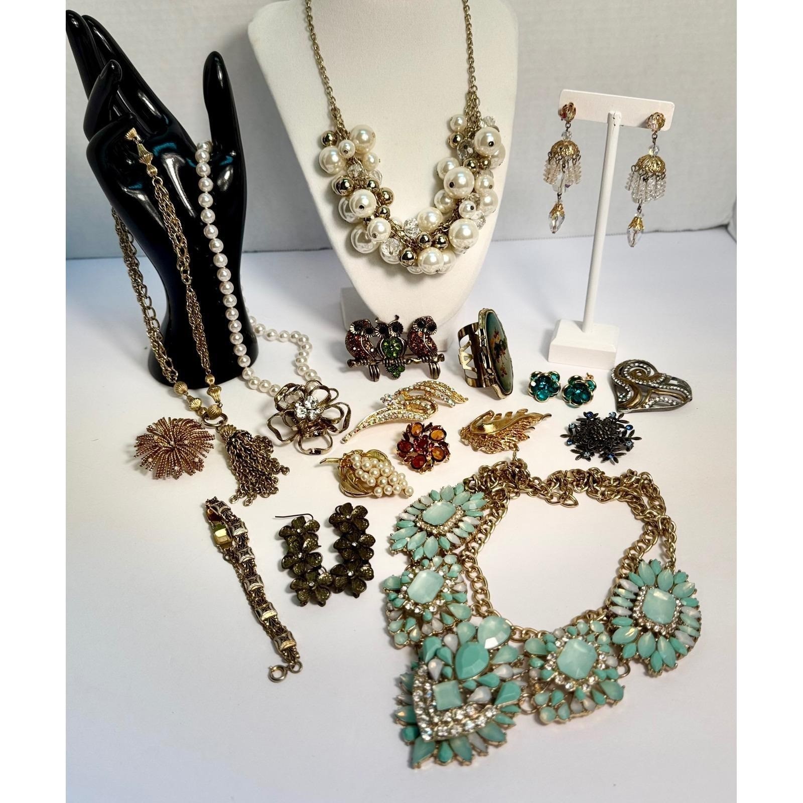 Chunky Statement Necklace Brooch Earrings Ring Jewelry Lot Costume
