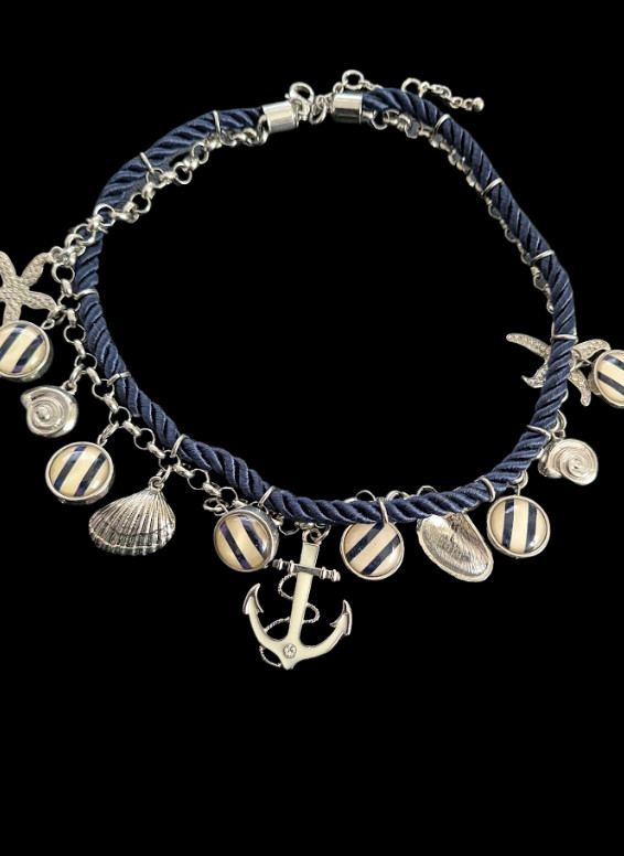 Nautical Navy Blue Braided Rope Necklace Silver Tone Anchor Shell Charms Signed