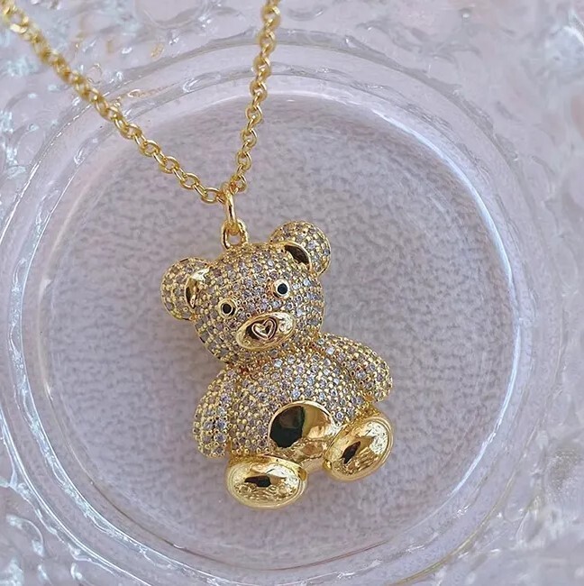 Beautiful Gold Teddy Bear Crystal Necklace, Bling, Cute for Wife, Daughter