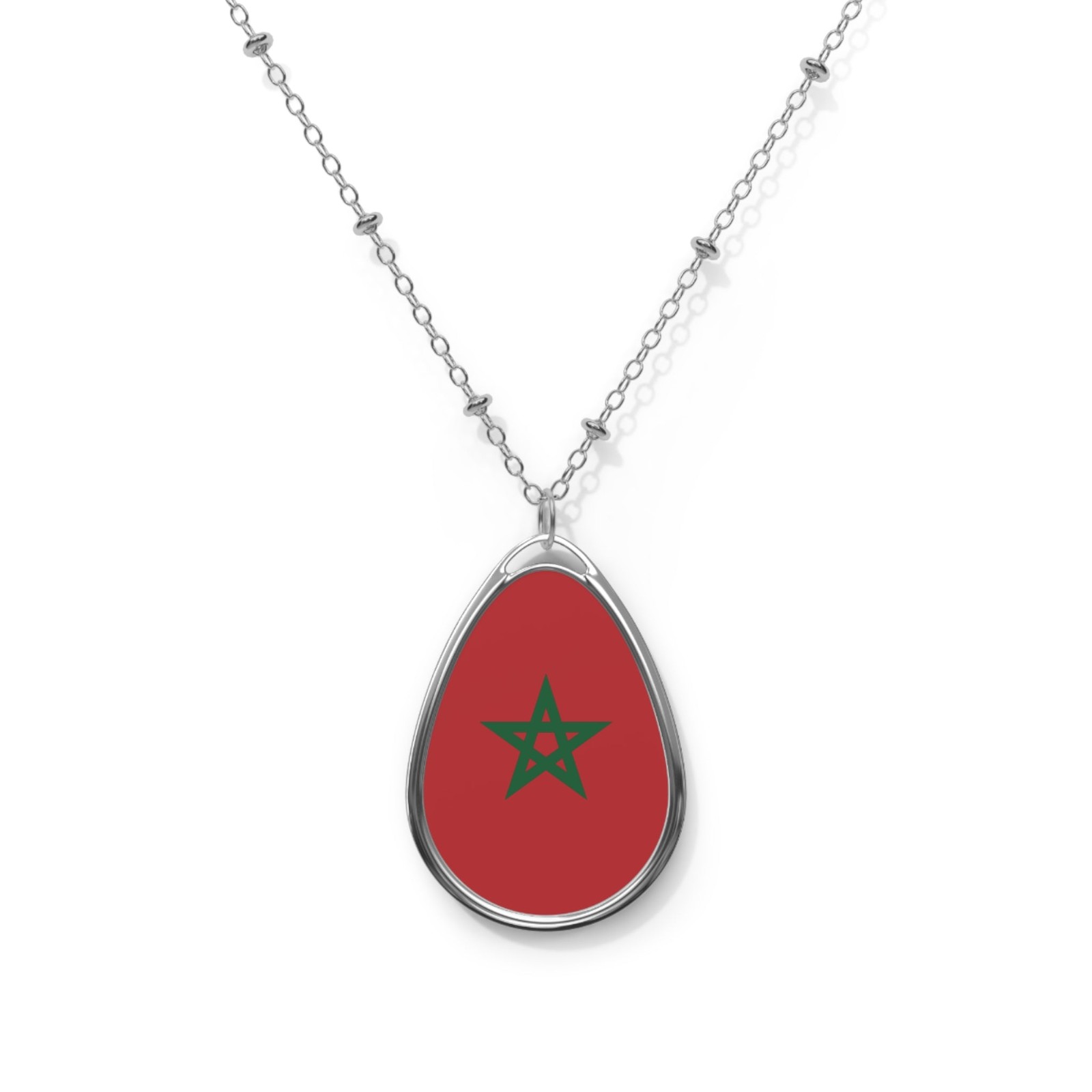 Morocco Flag Oval Necklace – Moroccan Heritage Pendant – One Size / Silver